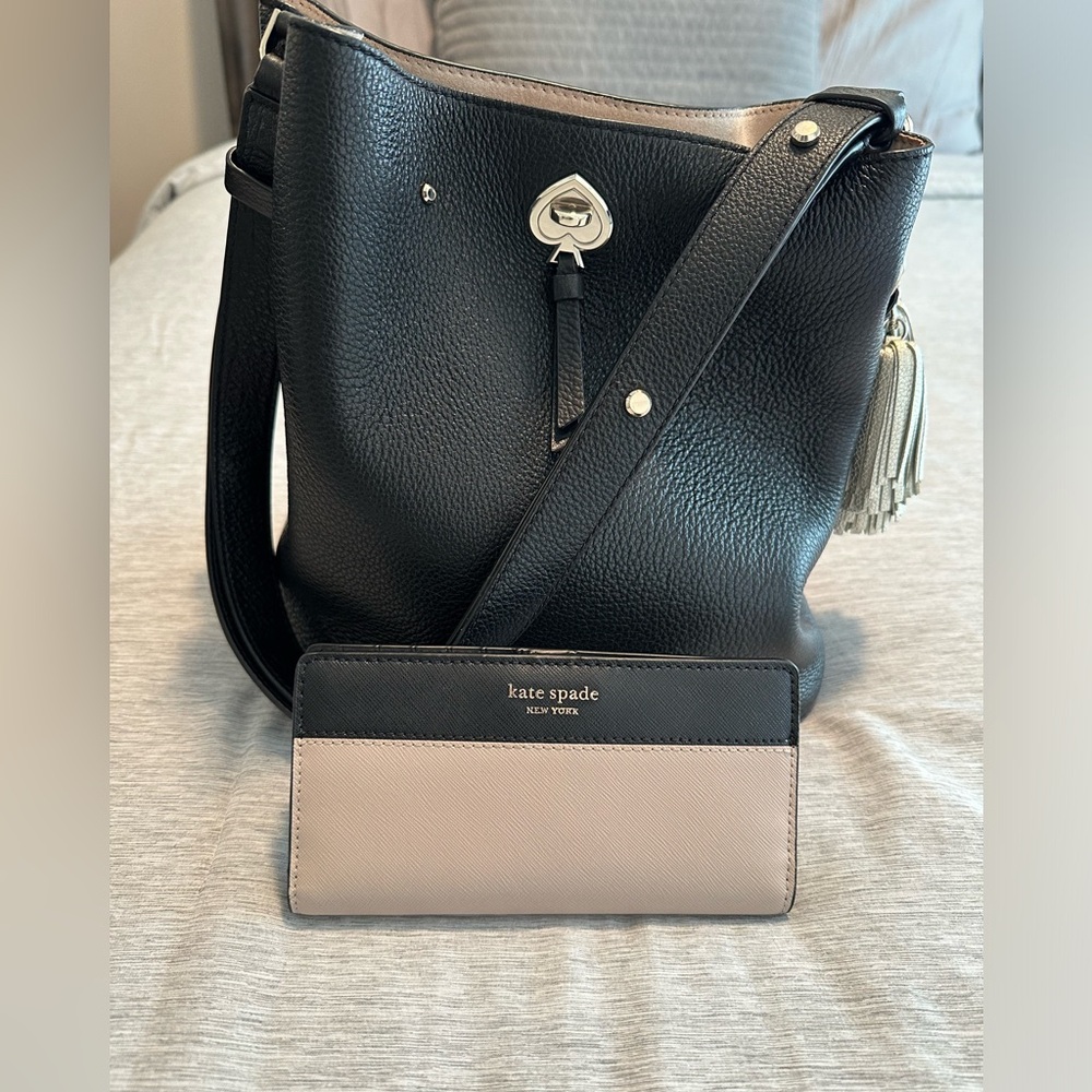 Kate Spade bucket purse, wallet, and tassel